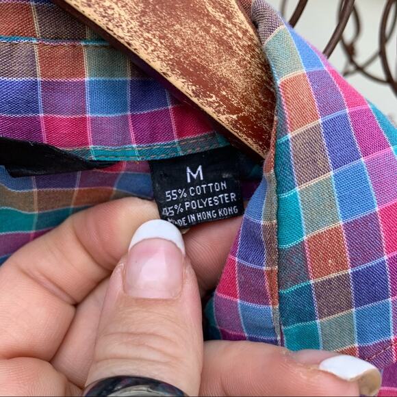 Vintage 70s Gap purple green plaid check button down short sleeve shirt MEDIUM - Picture 4 of 8